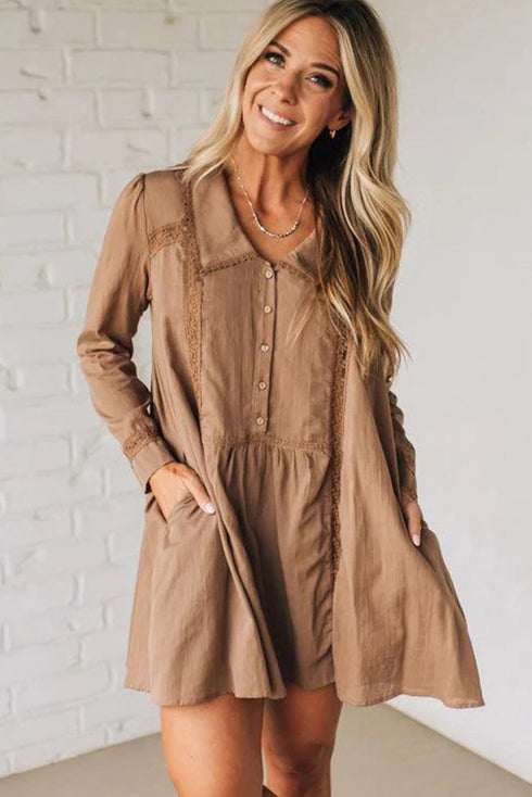Lace Trim Peter Pan Collar Button Front Mini Dress